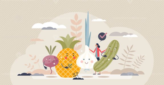 Healthy food products as happy vegetables with cute faces tiny person concept