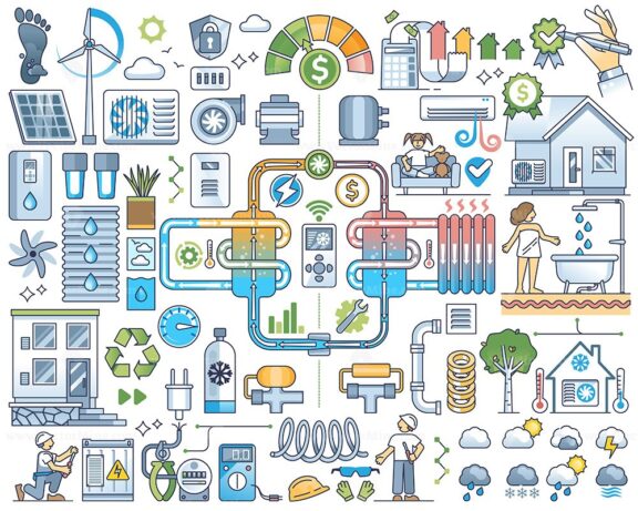 Heat pump system with home climate heating pipeline outline collection set