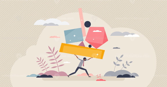 Heavy burden and various problems load for tired man tiny person concept