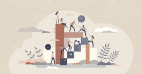 Helping to reach goal as teamwork power with partners tiny person concept