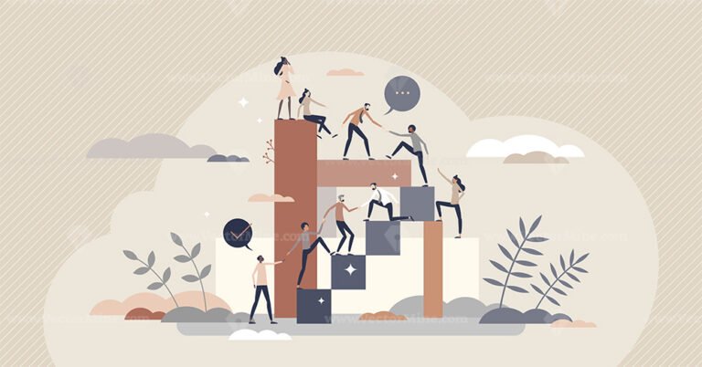 Helping to reach goal as teamwork power with partners tiny person concept