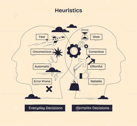 Heuristics compares fast, unconscious decisions with slow, conscious choices using heads, arrows, and gears. Doodle style diagram