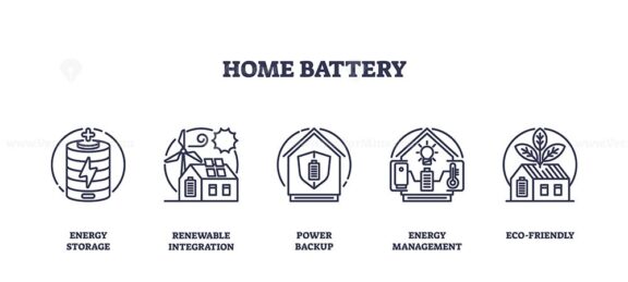 Home battery icons outline showing energy storage, renewable integration, and eco-friendly solutions. Outline icons set