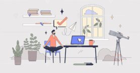 Home office design for distant remote work tiny person neubrutalism concept