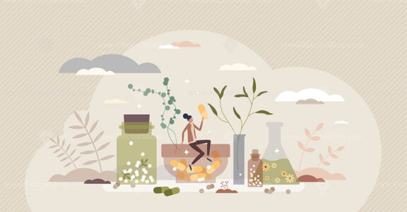 Homeopathy and herbal medicine using natural herb pills tiny person concept