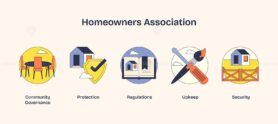 Homeowners Association icons show governance, protection, and upkeep. Key objects, table, shield, tools. Neubrutalism style.