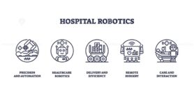 Hospital robotics features outline icons of surgical robots, healthcare robots, and remote surgery, highlighting automation and care. Outline icons set