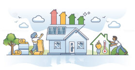 Household energy efficiency and home insulation to save costs outline concept