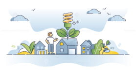 Household energy saving and LED lighting bulb consumption outline concept