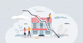 Housing market crash with price drop and decline in sales tiny person concept