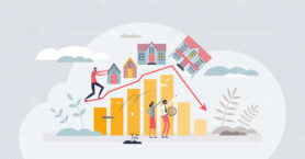 Housing market crash with price drop and decline in sales tiny person concept