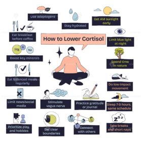 How to lower cortisol is shown with a person meditating, nature elements, and health tips in a doodle style diagram. Doodle style diagram