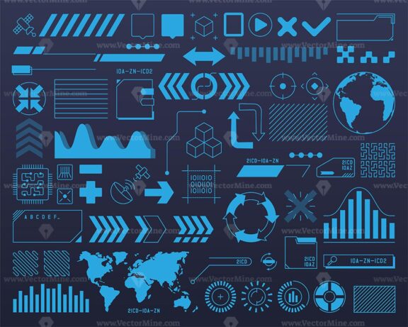 HUD elements showcase futuristic data visualization with graphs, maps, and icons. Outline style collection.