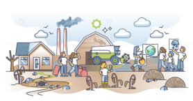 Human displacement due to climate change and global warming outline concept