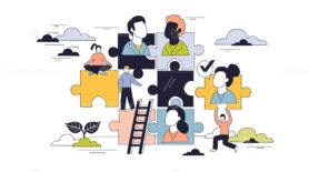 Human management is illustrated by people connecting puzzle pieces, symbolizing teamwork, collaboration, and organization. Doodle style