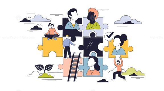 Human management is illustrated by people connecting puzzle pieces, symbolizing teamwork, collaboration, and organization. Doodle style