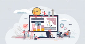 Hybrid workforce with distant employees and flexible job tiny person concept