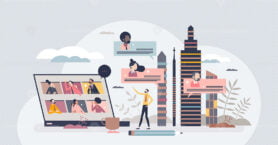 Hybrid work office or home as various job location places tiny person concept