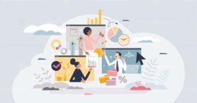 Hybrid work and employee cooperation with distant job tiny person concept