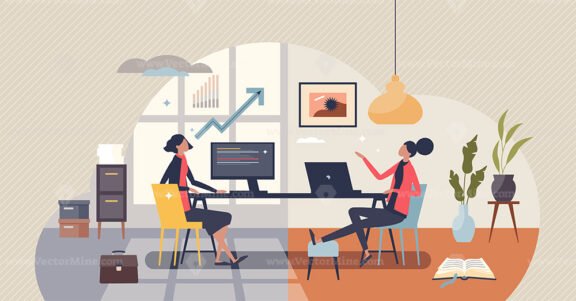 Hybrid work mode with time for office and home working tiny person concept