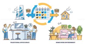 Hybrid work schedule with split time for home and office outline diagram.