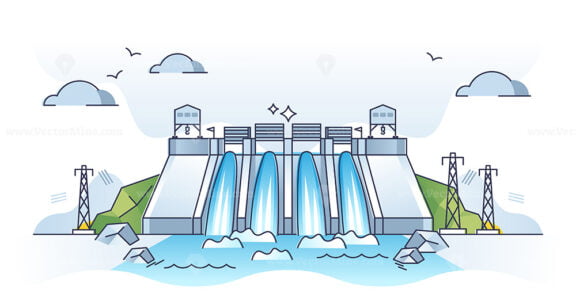 Hyro energy plant or hydroelectricity for power production outline concept