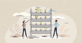 Hydroponic farming as sprouts and water pipeline farming tiny person concept