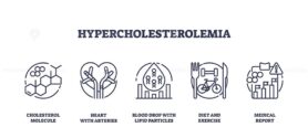 Outline icons set depicting cholesterol molecule, heart with arteries, and blood drop with lipid particles, representing hypercholesterolemia. Outline icons set.