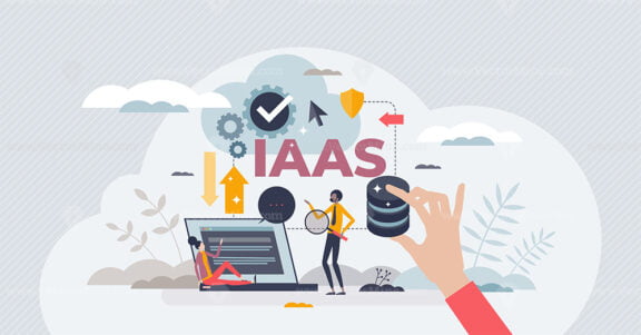 IAAS or infrastructure as service cloud computing model tiny person concept
