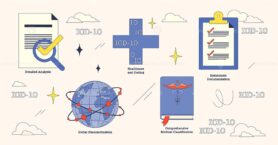 Illustration of ICD-10 codes with global standardization, healthcare coding, and systematic documentation in neubrutalism style collection.