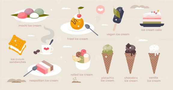 Ice cream set with dessert types from waffle to cake tiny person concept
