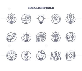Idea lightbulb icons as smart and creative symbol outline collection set