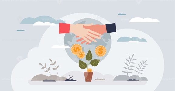 Impact investing with environmental, sustainable finances tiny person concept