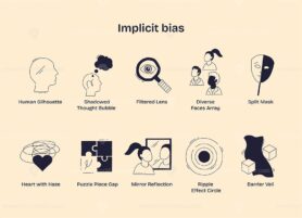 Implicit bias is shown through symbols like human silhouettes, masks, and puzzle pieces, illustrating hidden prejudices and perception gaps. Doodle style