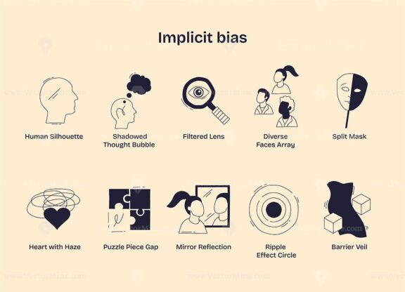 Implicit bias is shown through symbols like human silhouettes, masks, and puzzle pieces, illustrating hidden prejudices and perception gaps. Doodle style