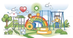 Inclusive playground for kids activities with special needs outline concept