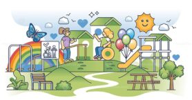 Inclusive playground with handicap or special needs equipment outline concept