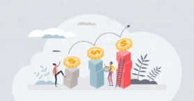 Increase in sales with profit growth and financial rise tiny person concept
