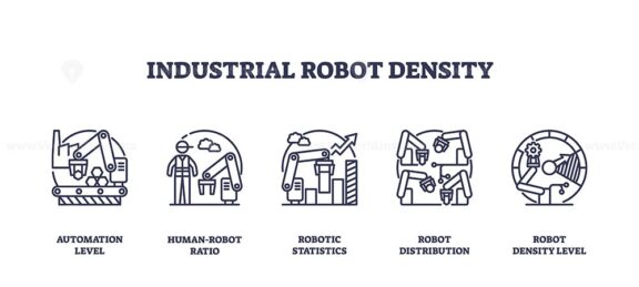 Industrial robot density is depicted with outline icons showing automation levels, human-robot ratio, and distribution. Outline icons set