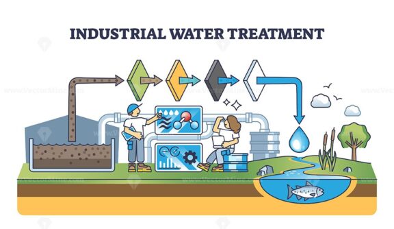 Industrial water treatment with polluted sewage filtration outline concept