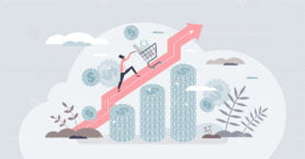 Inflation and prices rising after money value growth tiny person concept