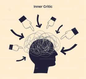 Inner critic is shown as a tangled scribble in a head, surrounded by pointing hands and arrows, symbolizing self-doubt and negative thoughts. Doodle style diagram