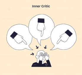 Inner critic concept shows a person overwhelmed by pointing hands and speech bubbles, symbolizing self-criticism and negative thoughts. Doodle style diagram