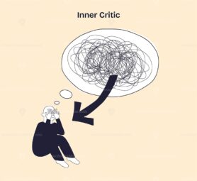 Inner critic is shown as a person overwhelmed by chaotic thoughts, with a large scribble and arrow highlighting mental struggle. Doodle style diagram
