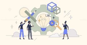 Innovation and development with creative project retro tiny person concept