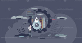 Innovation and technological development solutions tiny person concept