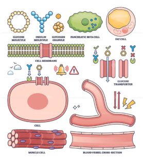 Insulin collection outline shows glucose, insulin, and cell structures for diabetes and metabolism concepts. Outline style collection