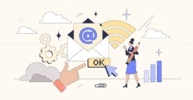 Interactive email campaigns for marketing tiny person neubrutalism concept