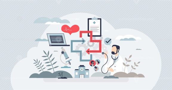 Interoperability in medicine with health data integration tiny person concept