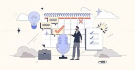 Interview coach about work time management tiny person neubrutalism concept